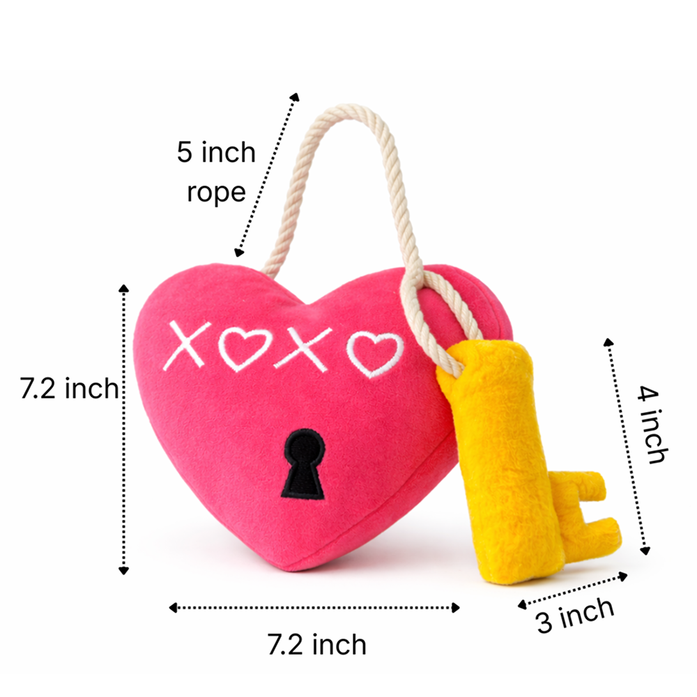 Pawgypets Heart Lock Key Plush with Rope Toy for Dogs (Hot Pink & Yellow)