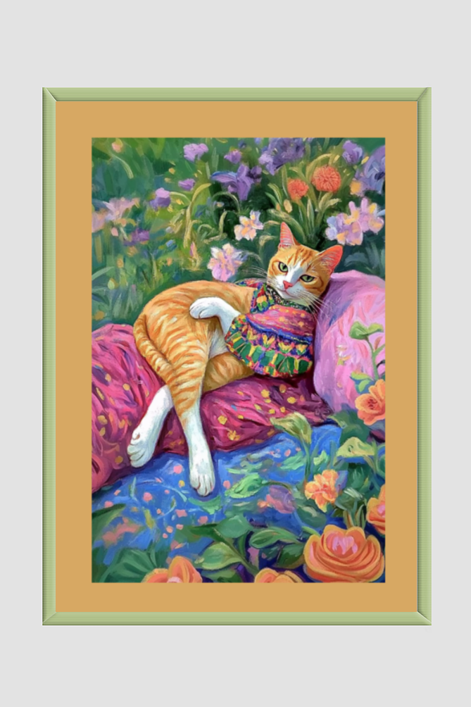 EverythingBoho Miss Cat At Leisure Wall Art (Olive Green)
