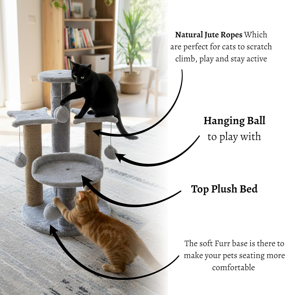 Furrlovers Multi Level Cat Tree with Plush Platforms, Sisal Scratching Posts & Hanging Toys (Grey)