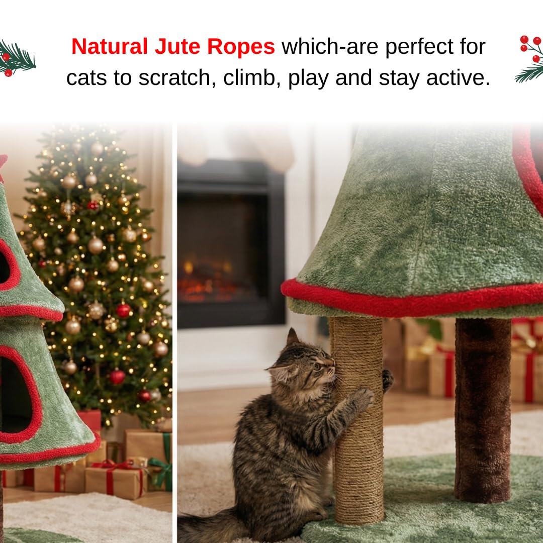 Furrlovers Christmas Tree Cat Scratching Post with Plush Condo & Dual Scratching Columns (Green)