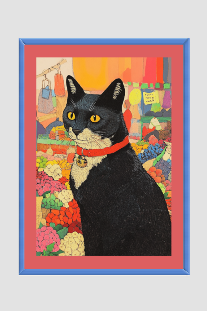 EverythingBoho Cat in Local Market Framed Art (Royal Blue)