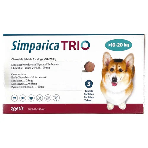 Zoetis Simparica Trio (Sarolaner) Tick & Flea Control Tablet for 10 to 20 kg Dogs (3 tablets)