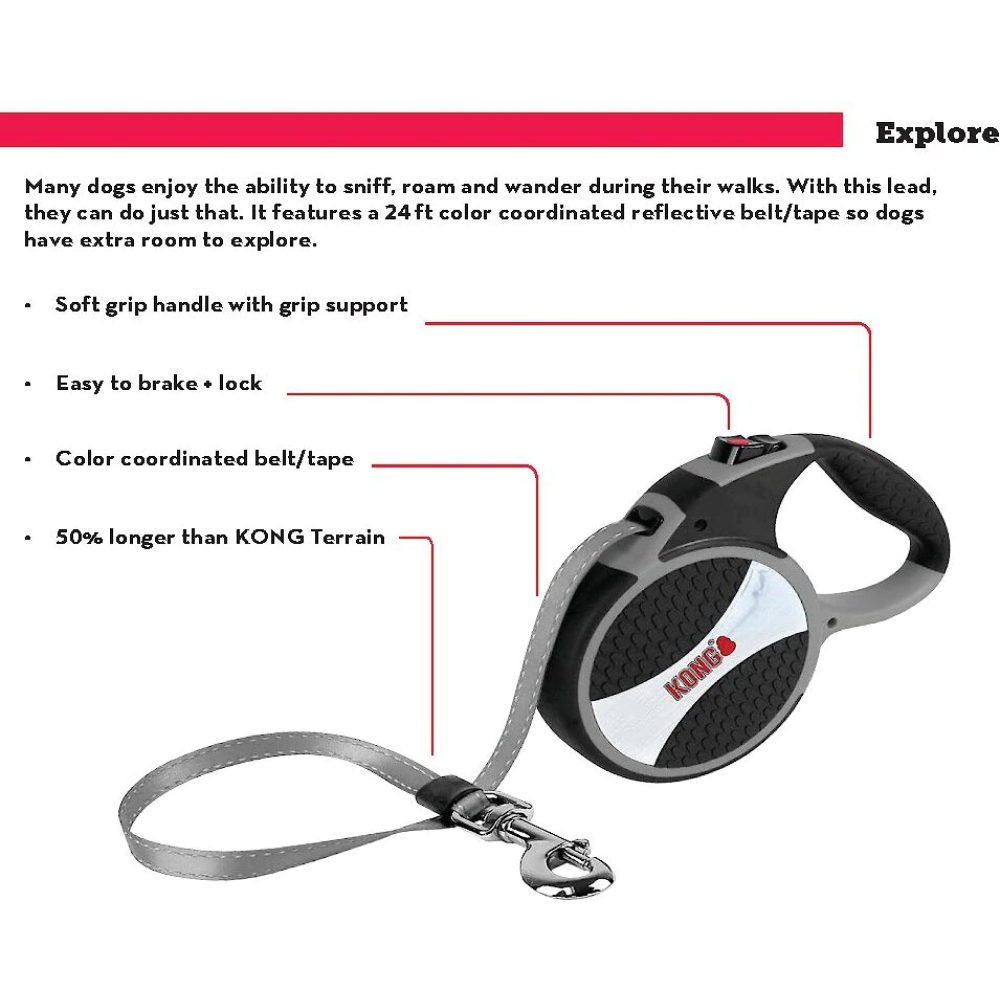 Kong Explore Retractable Leash for Dogs and Cats (Red)