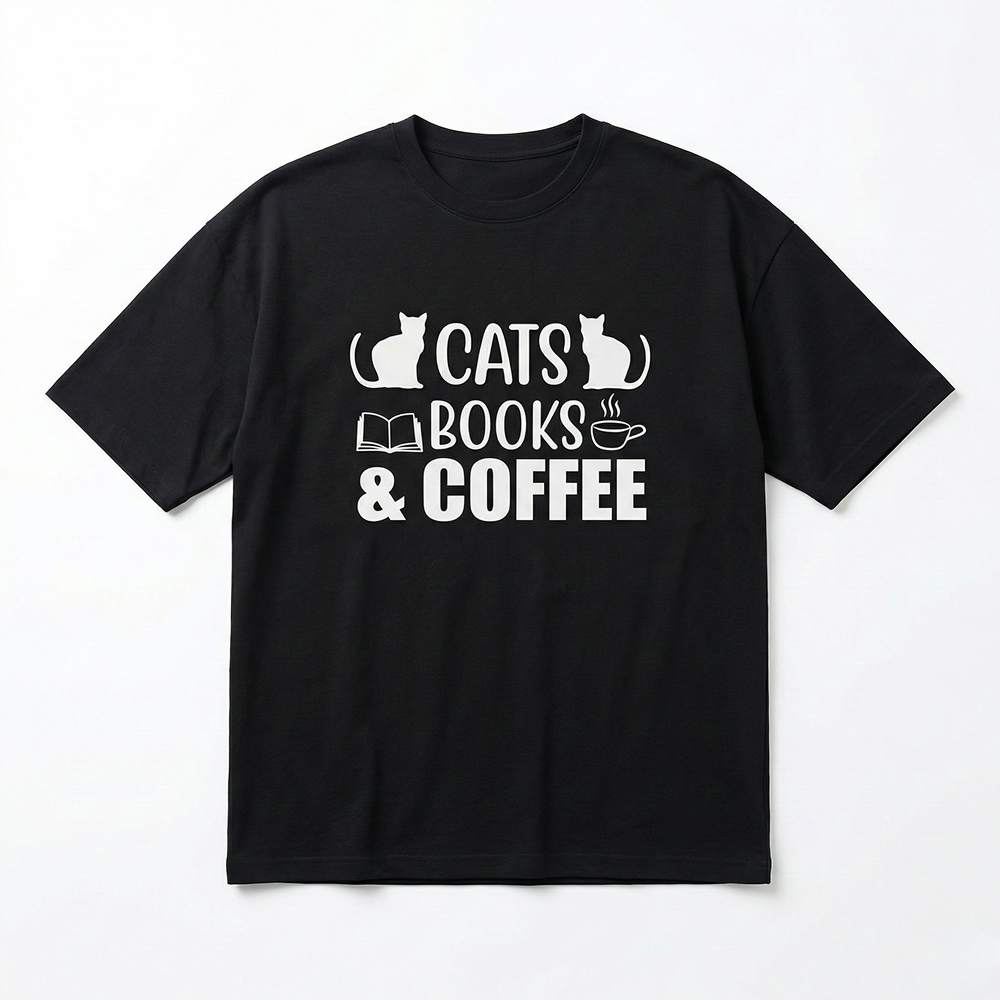 Seek Buy Love Cats Books Coffee Oversized Tee (Black)