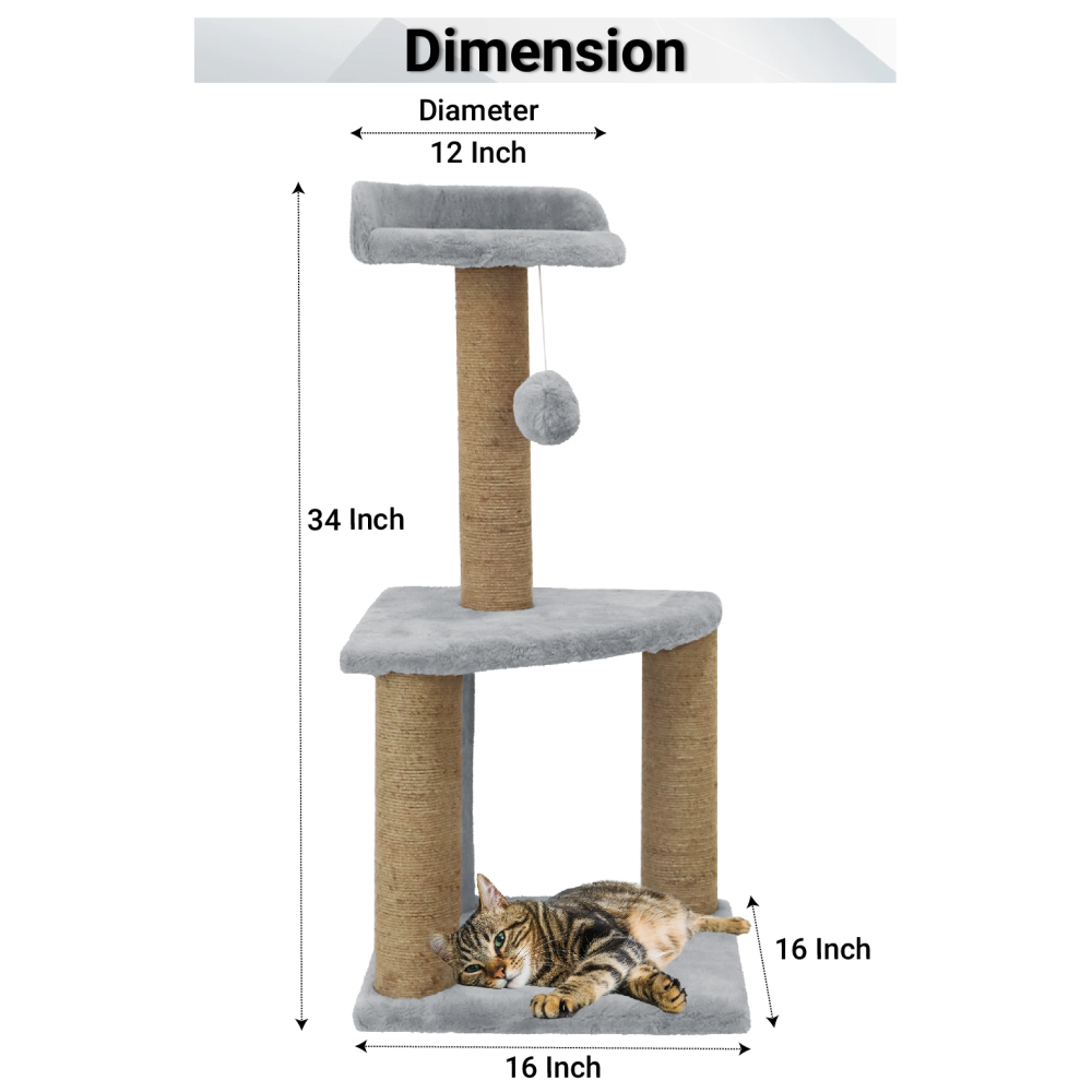 Furrlovers Two Floor Soft Fur Activity Cat Tree for Kittens & Cats with Scratching Post, Natural Sisal Rope & Hanging Ball (Grey)