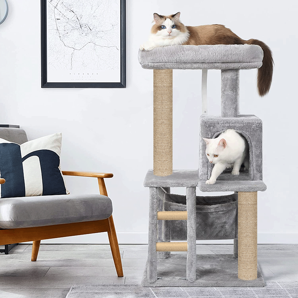 Furrlovers Plush Fabric Cat Tree with Top Bed, Hammock & Jute Rope Scratching Posts (Grey)