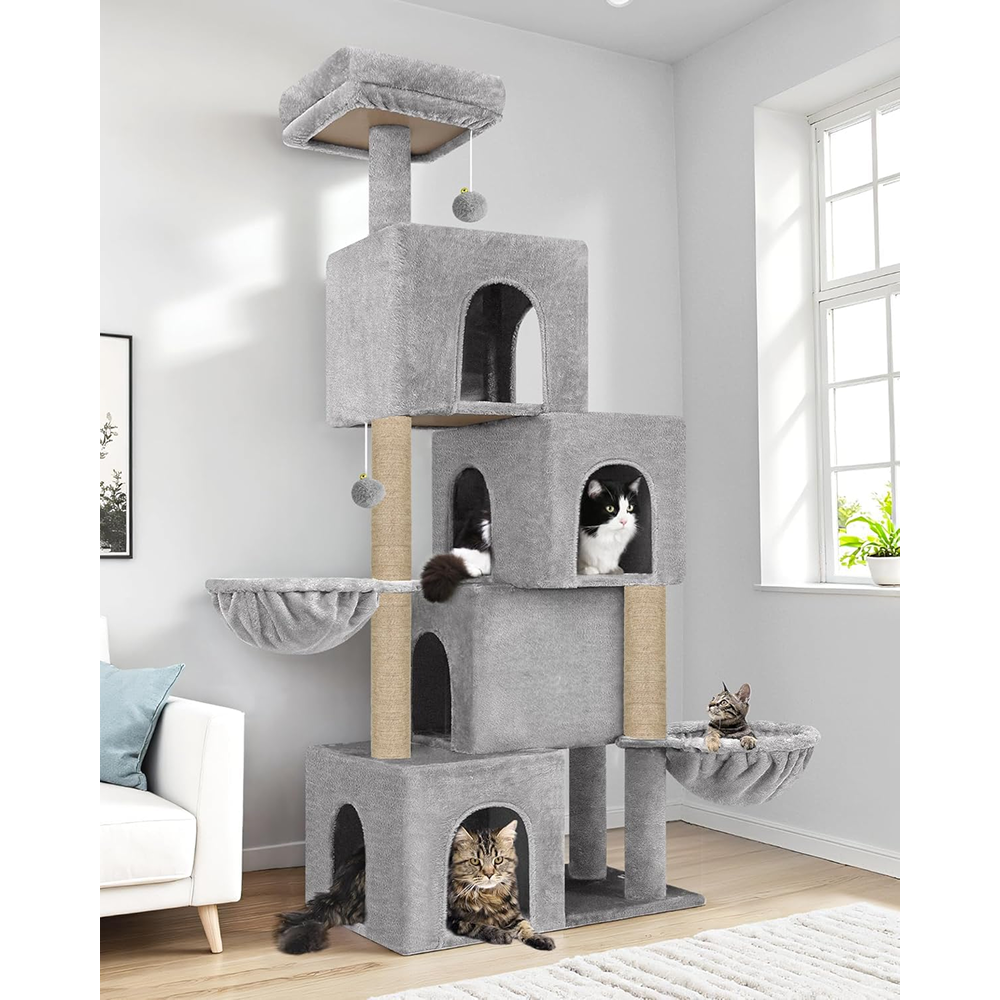Furrlovers Multilevel Plush Cat Tree with Condo, Hammock & Jute Rope Scratching Posts (Grey)