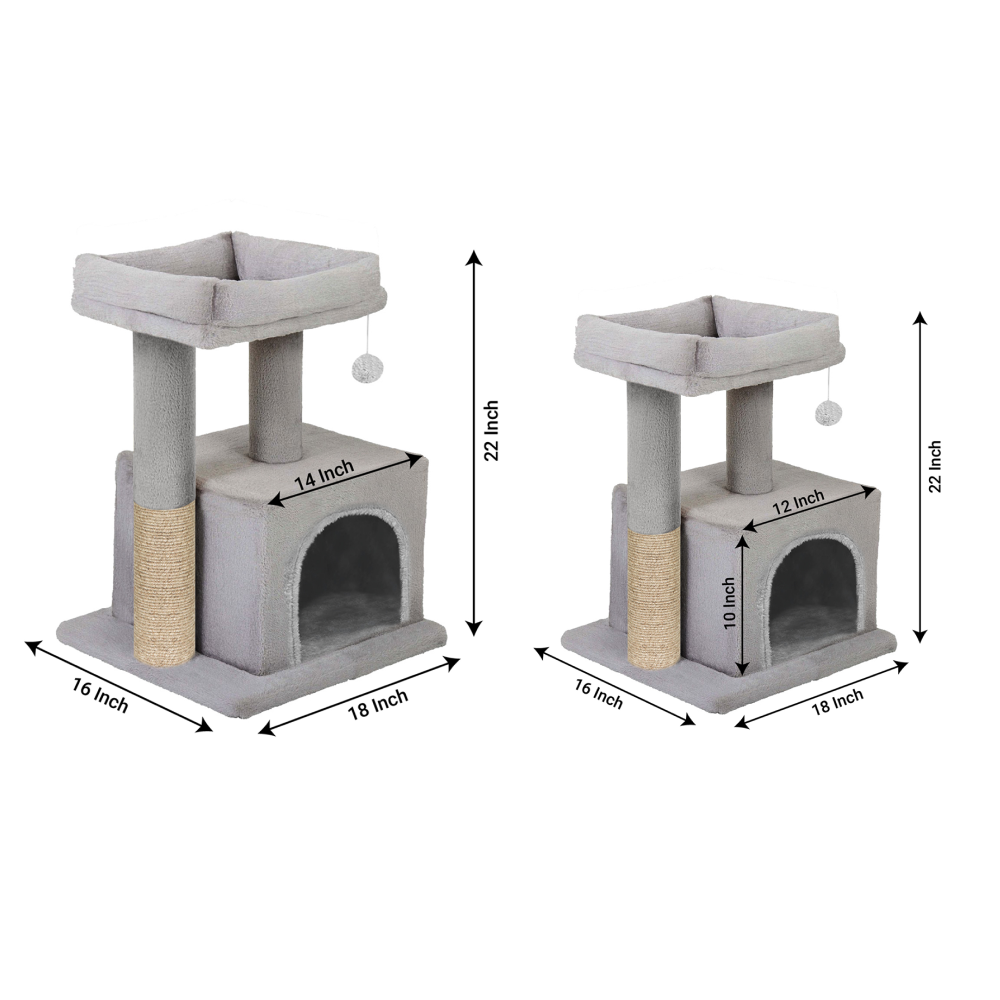Furrlovers Plush Condo Cat Tree with Top Perch, Hanging Ball & Scratching Post (Grey)