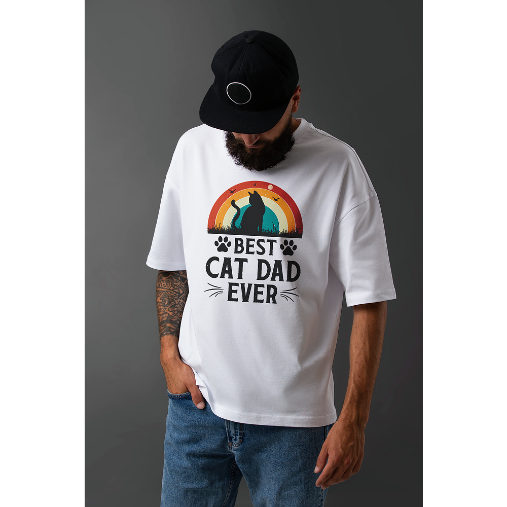Seek Buy Love Best Cat Dad Ever Oversized Tshirt (White)