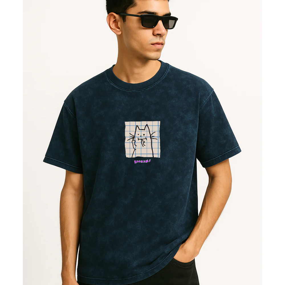 Hoomans Cat Fingers Acid Wash T-shirt for Men and Women (Navy Blue)