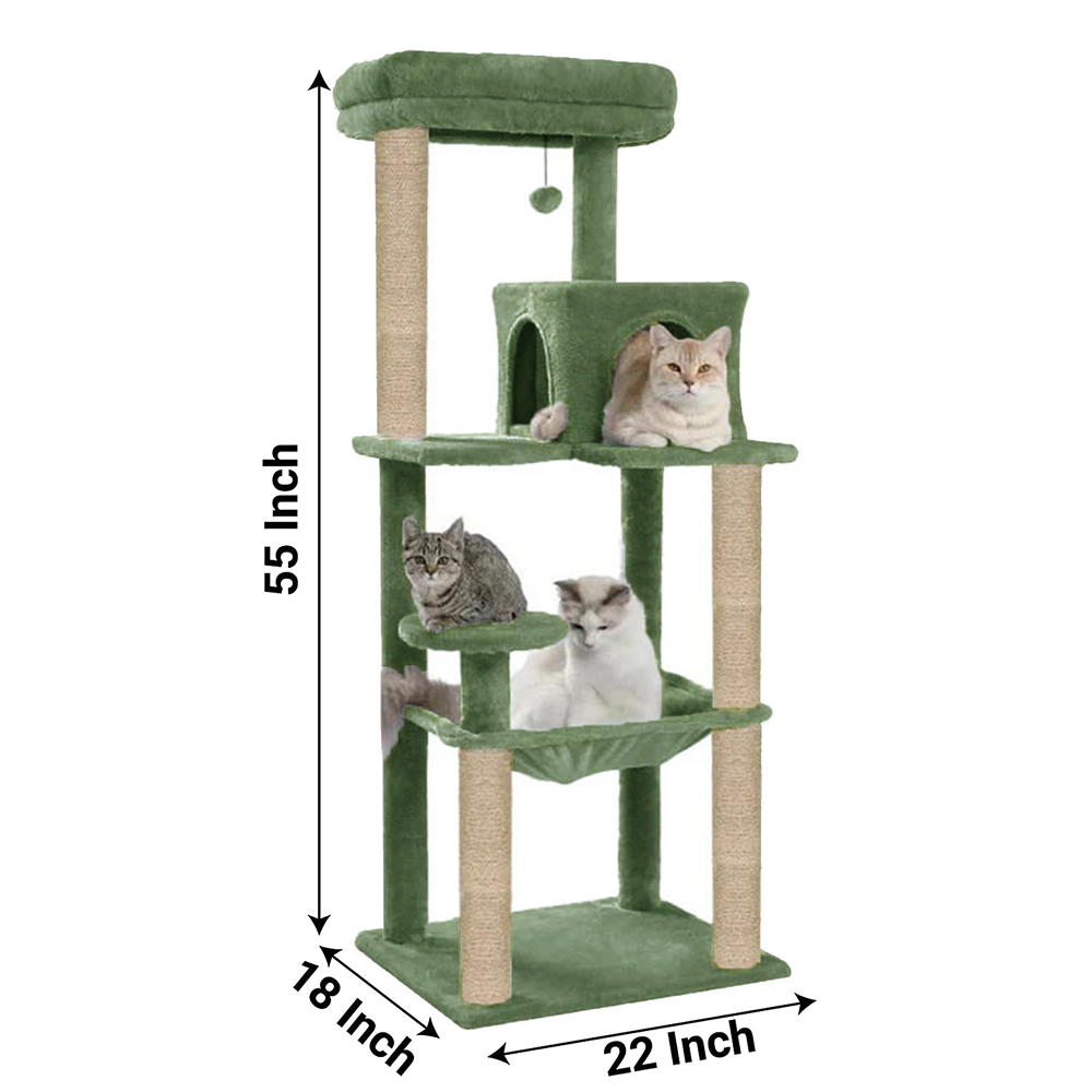 Furrlovers Cat Tree with Condo, Hammock, Hanging Ball & Jute Rope Scratching Posts (Green)