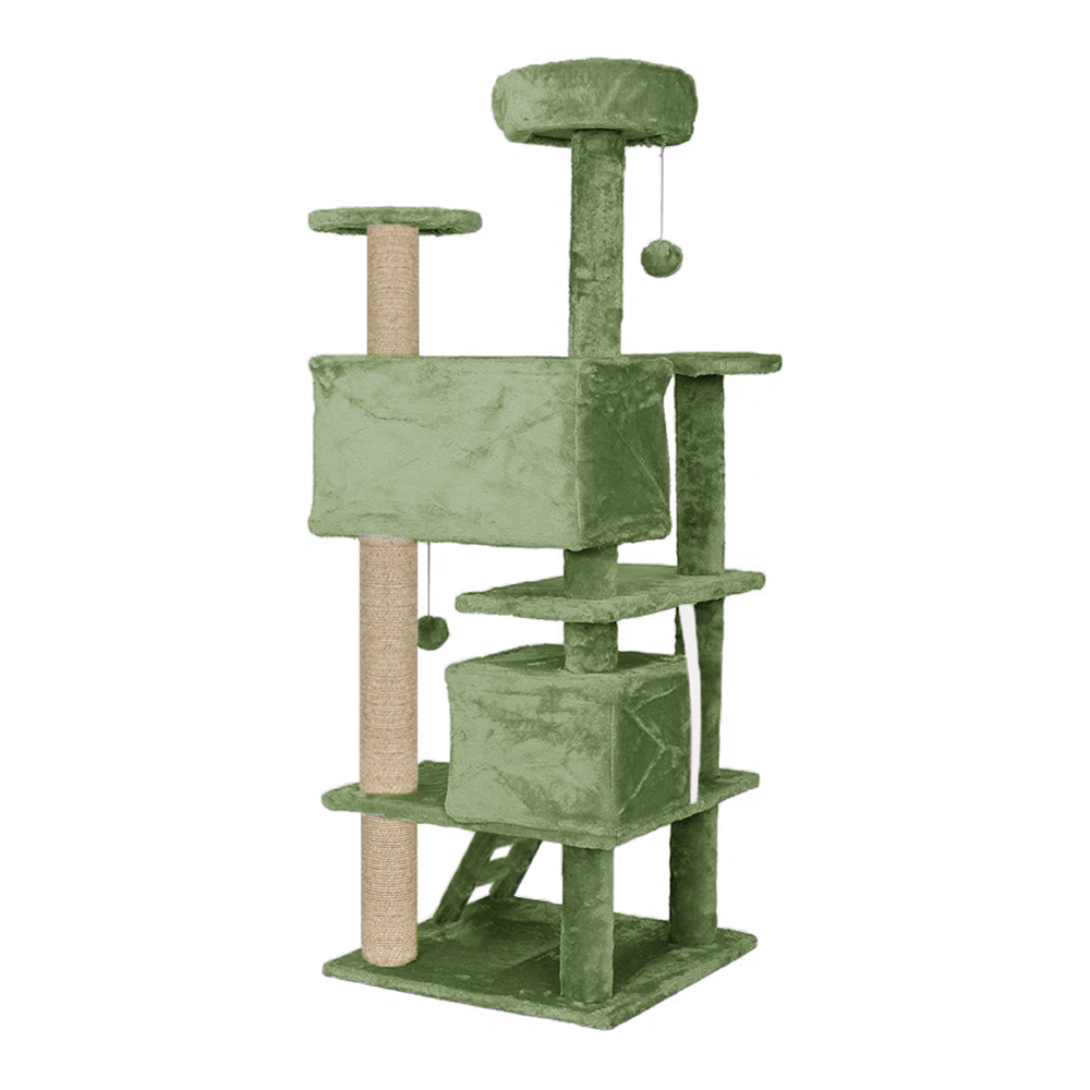 Furrlovers Multi Condo Kitten & Cat Tree with Plush Fur Fabric, Ladder, Top Perches, Playing Balls & Jute Rope Scratching Posts (Green)