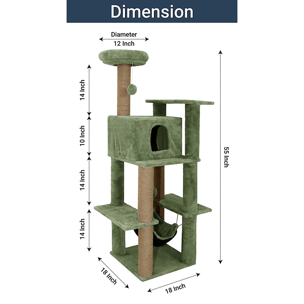 Furrlovers Multilevel Soft Fur Cat Tree with Condo, Hammock & Sisal Scratching Posts (Green)