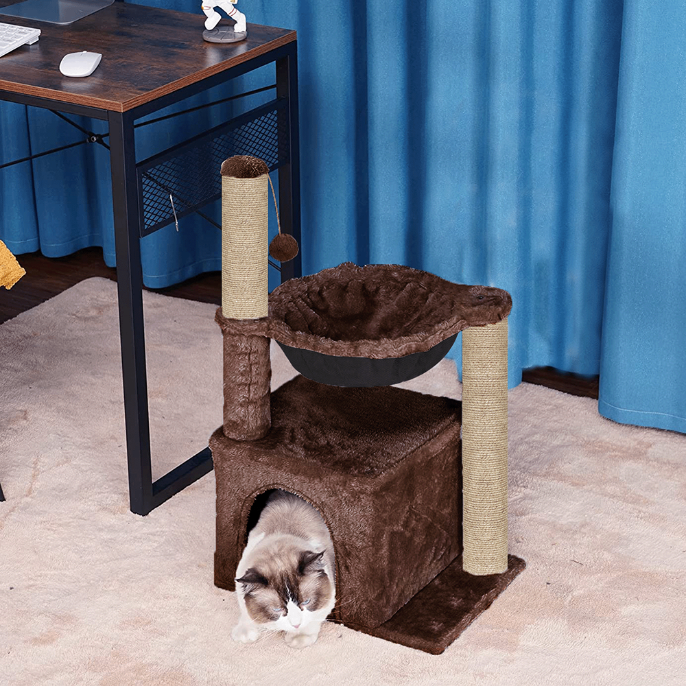 Furrlovers Plush Activity Cat Tree with Condo, Hammock & Jute Rope Scratching Posts for Kittens (Brown)