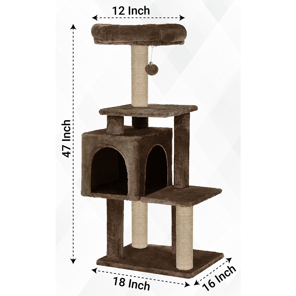 Furrlovers Plush Cat Scratching Post & Activity Tree with Hammock, Condo & Sisal Rope (Brown)