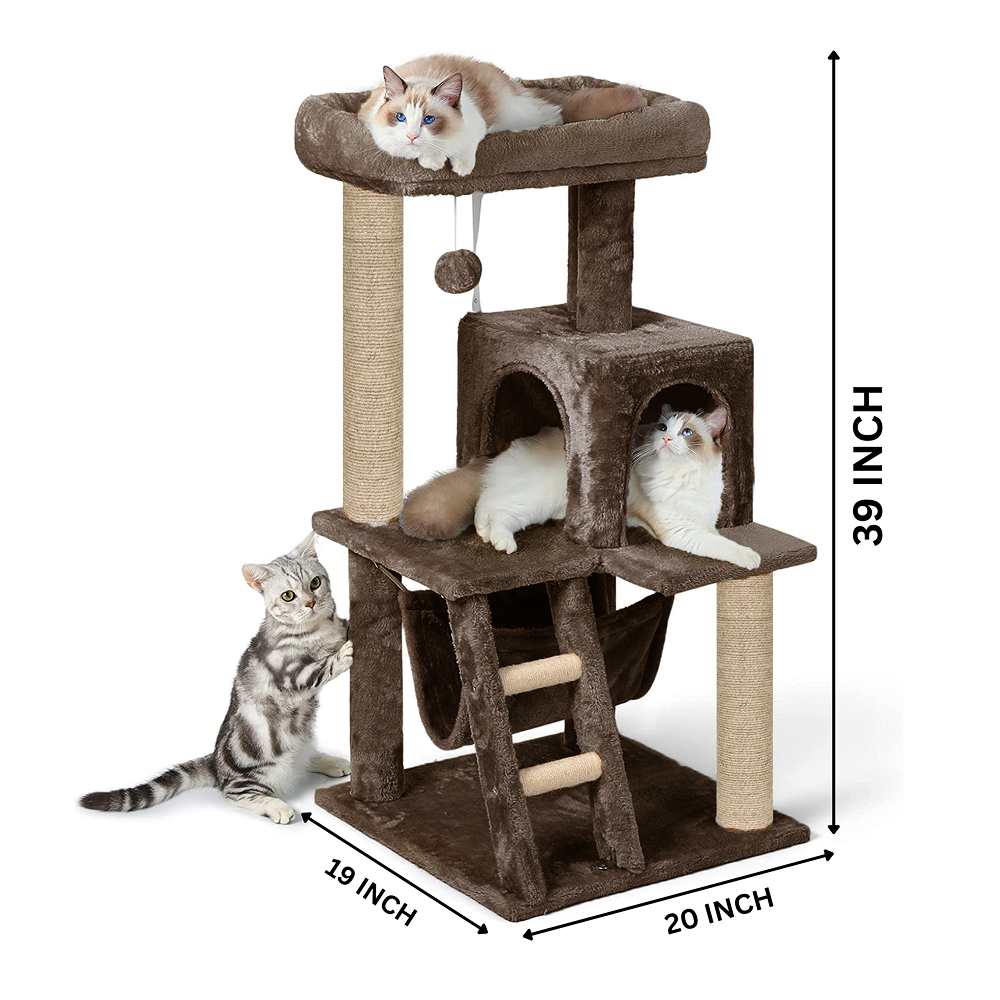 Furrlovers Plush Fabric Cat Tree with Top Bed, Hammock & Jute Rope Scratching Posts (Brown)