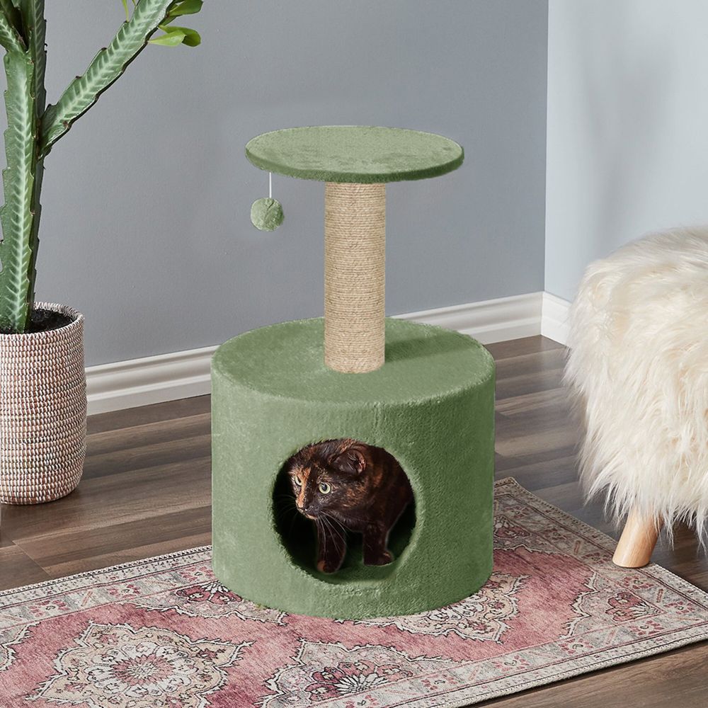 Furrlovers Plush Fur Cat Tree Condo with Jute Rope & Hanging Ball (Green)