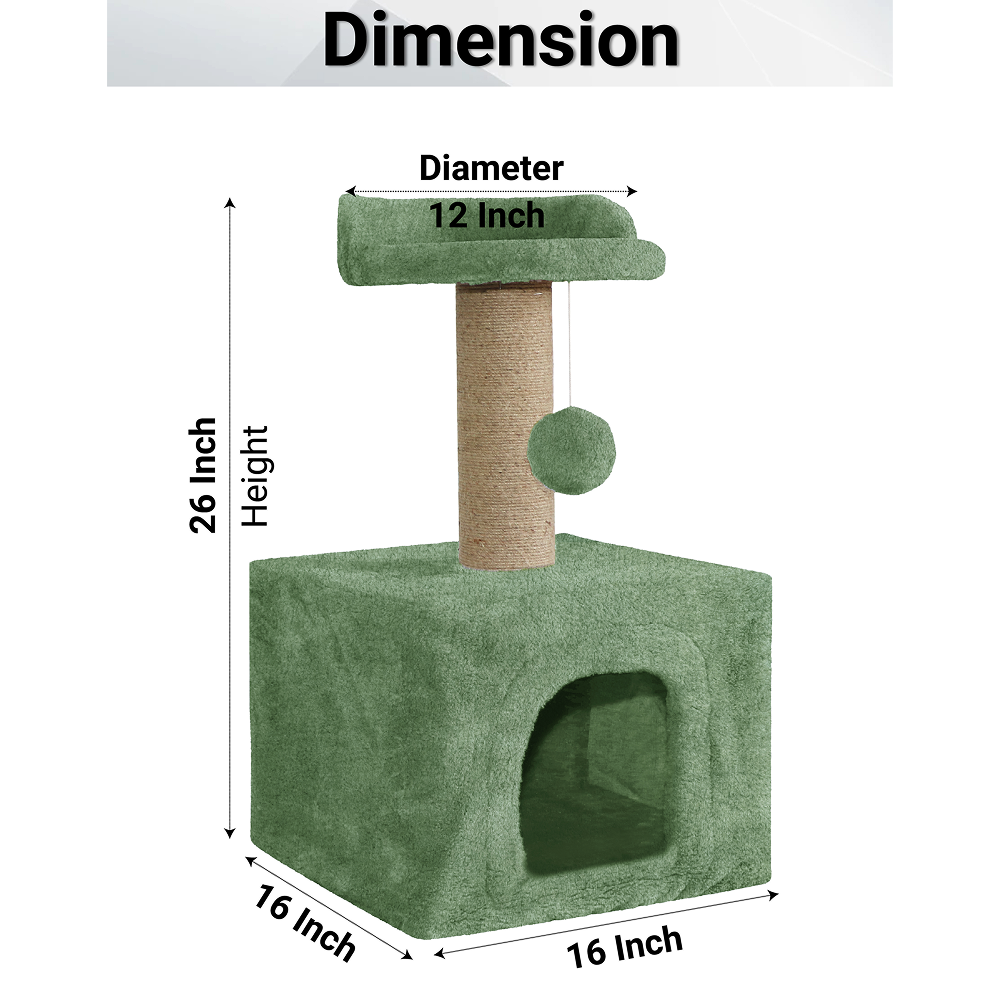 Furrlovers Soft Fur Condo Cat Tree with Sisal/Jute Scratching Post & Hanging Ball (Green)