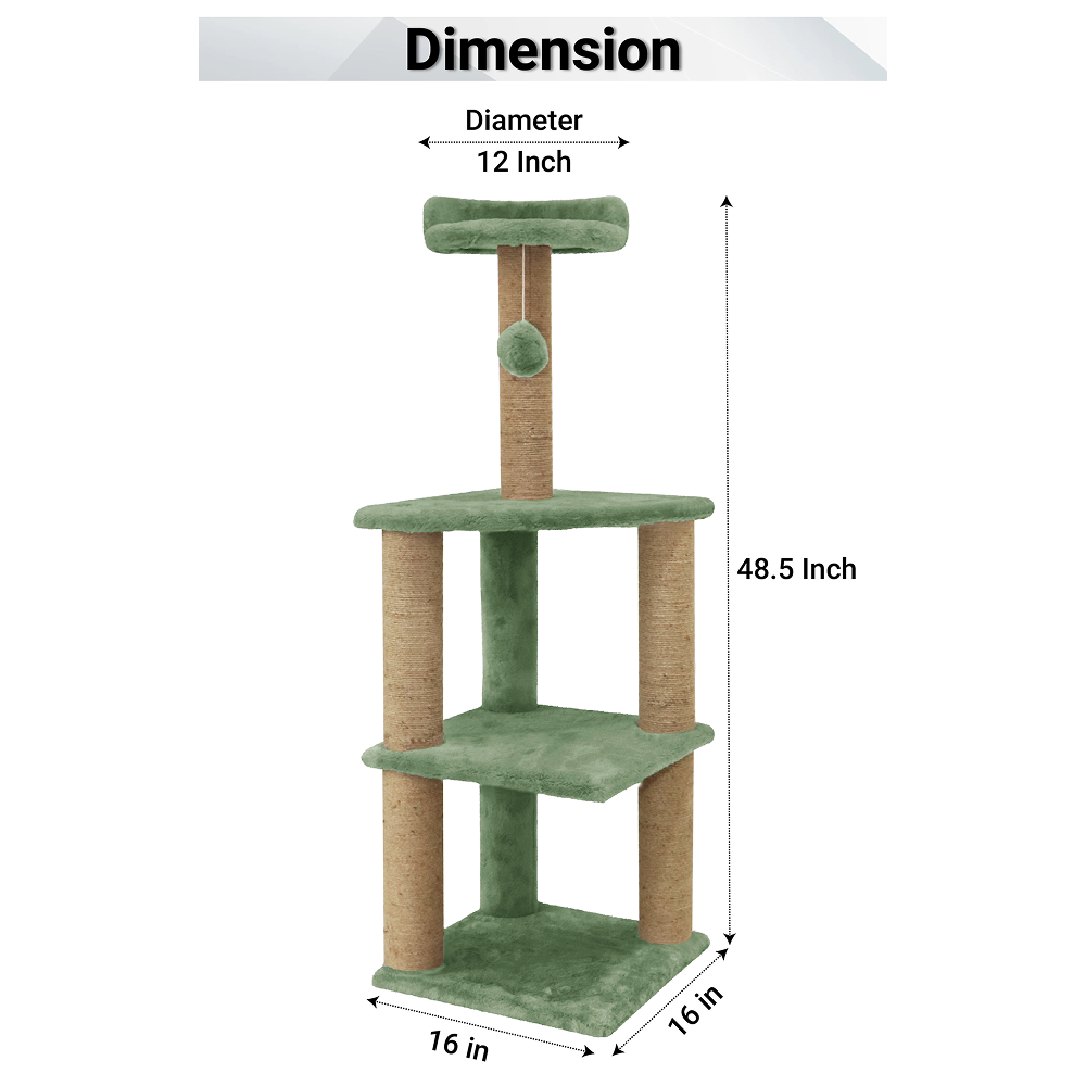 Furrlovers Three Floor Soft Fur Activity Cat Tree for Kittens & Cats with Scratching Post, Natural Sisal Rope & Hanging Ball (Green)