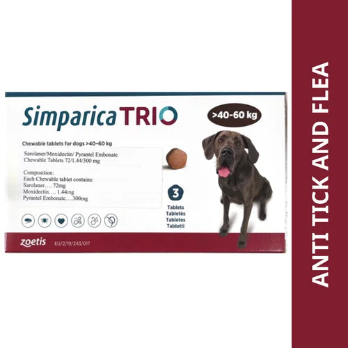Zoetis Simparica Trio (Sarolaner) Tick & Flea Control Tablet for (40 to 60kg) Dogs (3 tablets)