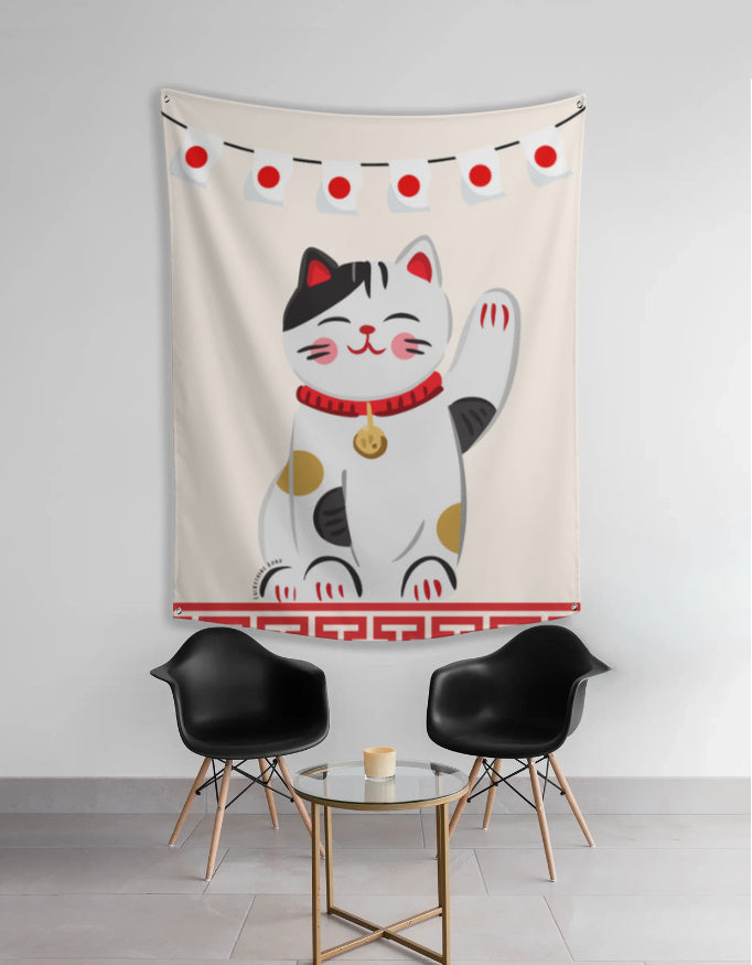 EverythingBoho Maneki Neko Good Luck Cat Japanese Tapestry Wall Art