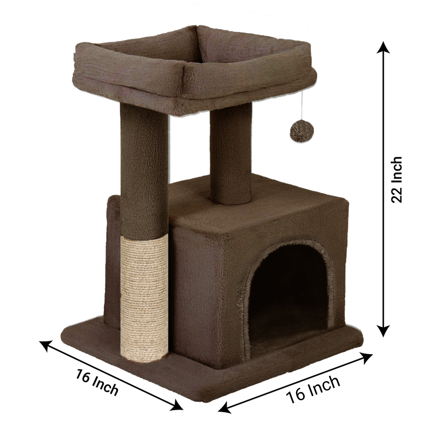 Furrlovers Plush Condo Cat Tree with Top Perch, Hanging Ball & Scratching Post (Brown)