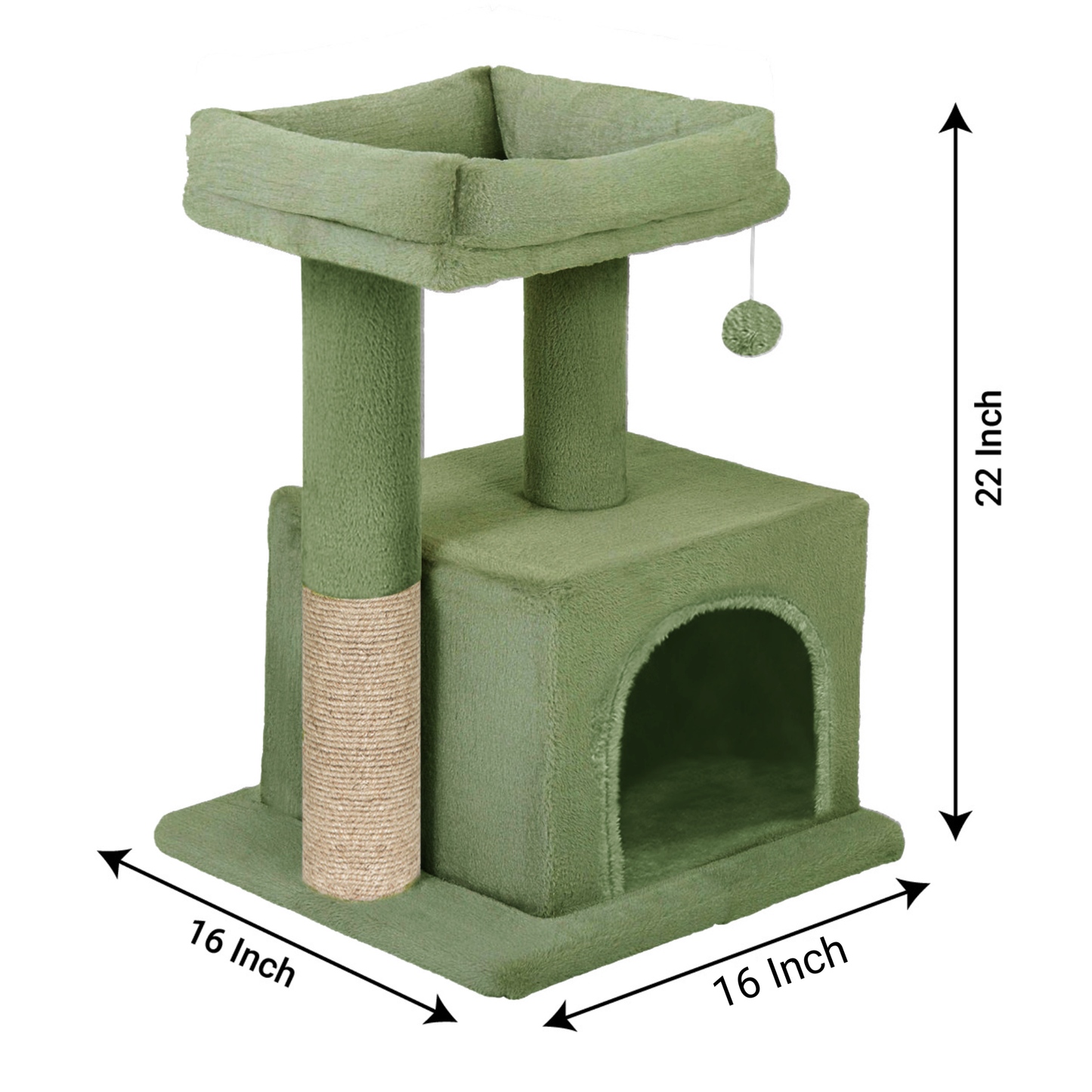 Furrlovers Plush Condo Cat Tree with Top Perch, Hanging Ball & Scratching Post (Green)
