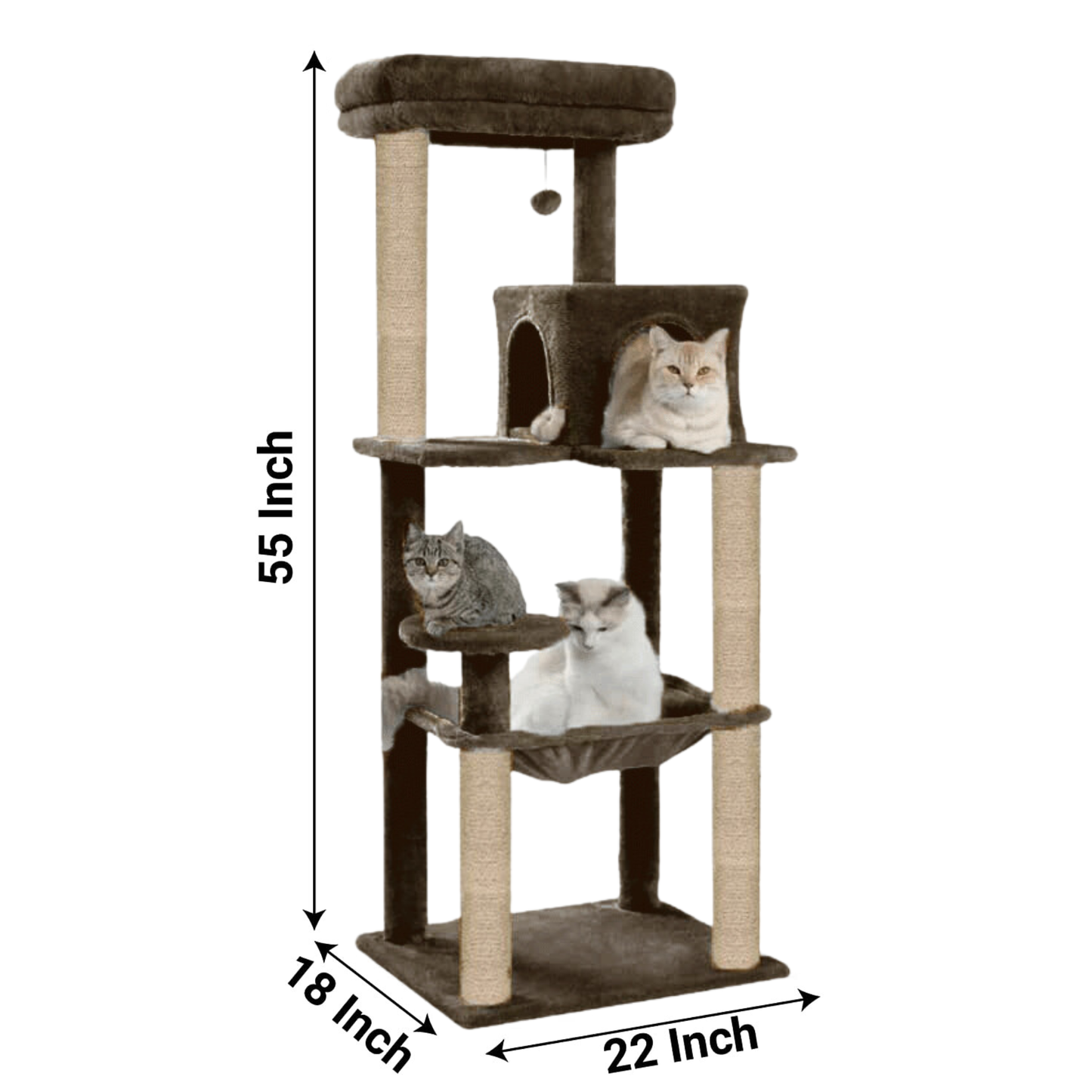 Furrlovers Cat Tree with Condo, Hammock, Hanging Ball & Jute Rope Scratching Posts (Brown)