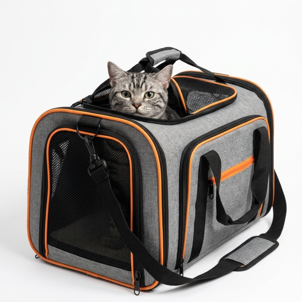 Skatrs Foldable Expandable Pet Travel Carrier Bag for Small Dogs, Adult Cats & Kittens (Grey with Orange)