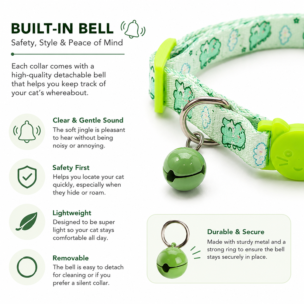 Talking Dog Club Everyday Collar with Dino Bell for Cats (Green)