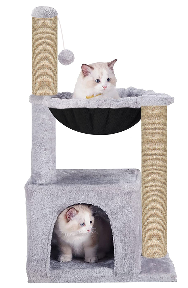 Furrlovers Plush Activity Cat Tree with Condo, Hammock & Jute Rope Scratching Posts for Kittens (Grey)