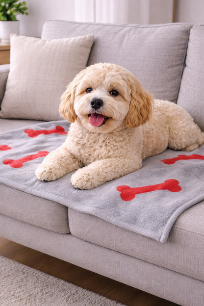 Talking Dog Club Bone Print Viscose Blanket for Dogs (Grey and Red Bone)