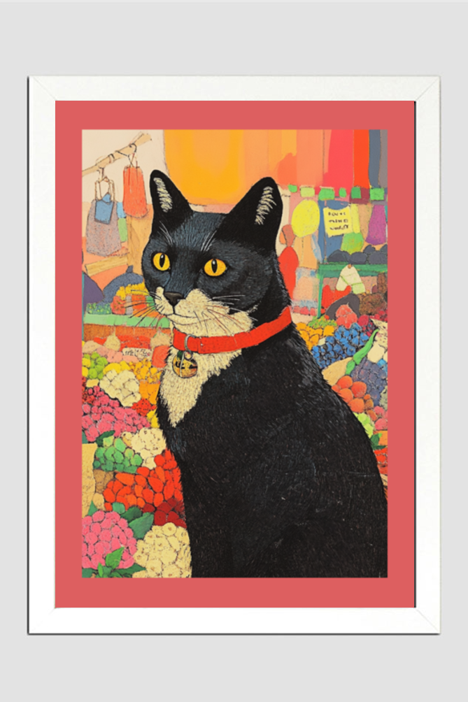 EverythingBoho Cat in Local Market Framed Art (White)