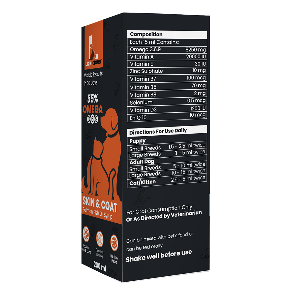 Lickicious Skin & Coat Syrup with Salmon Oil Omega 3 6 9 for Dogs & Cats