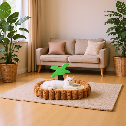 FurryLiving Aloha Bed & Scratcher Mat with Ball Toy for Cats(Brown)