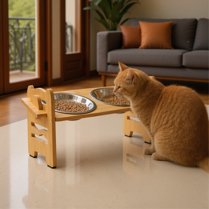 FurryLiving Modo Elevated Adjustable Bamboo Pet Feeder with 2 Bowls for Dogs and Cats