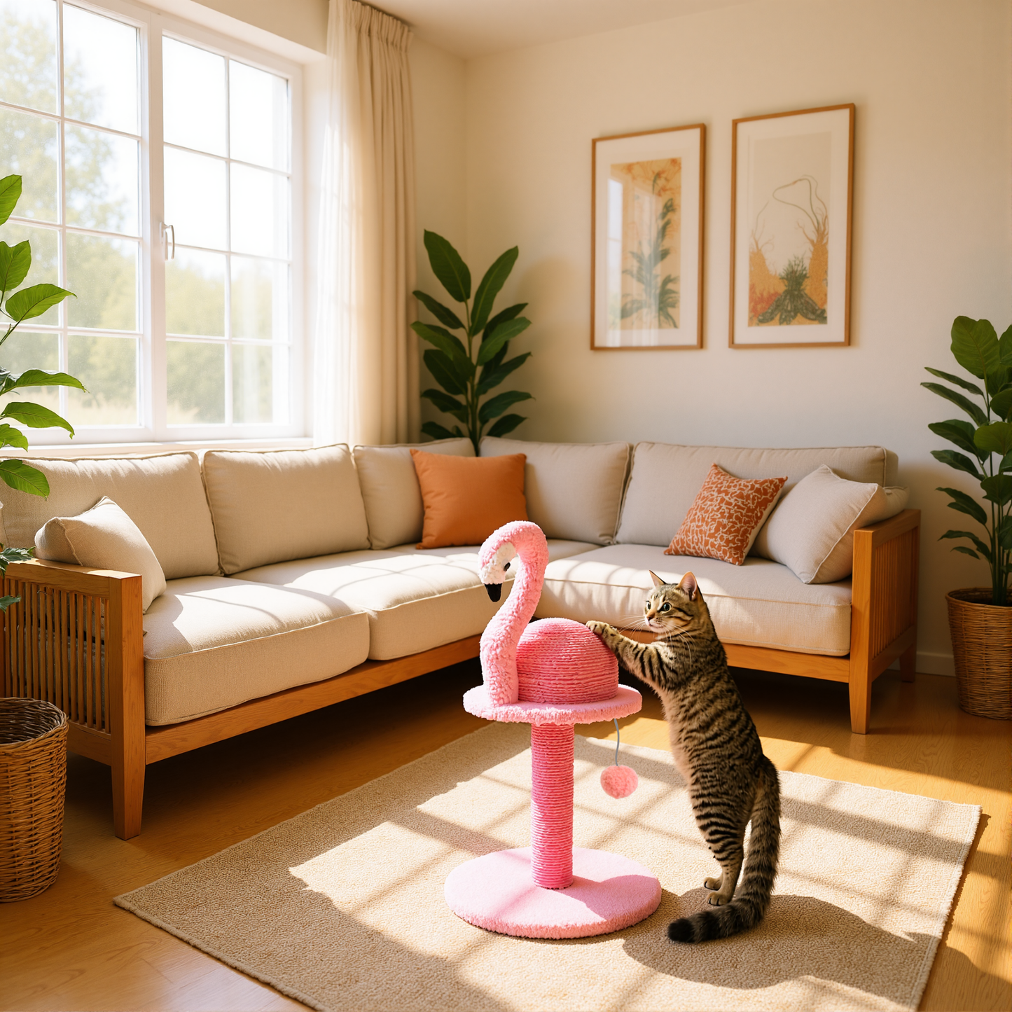 FurryLiving Flamingo Cat Scratching Post Scratcher with Hanging Ball Toy