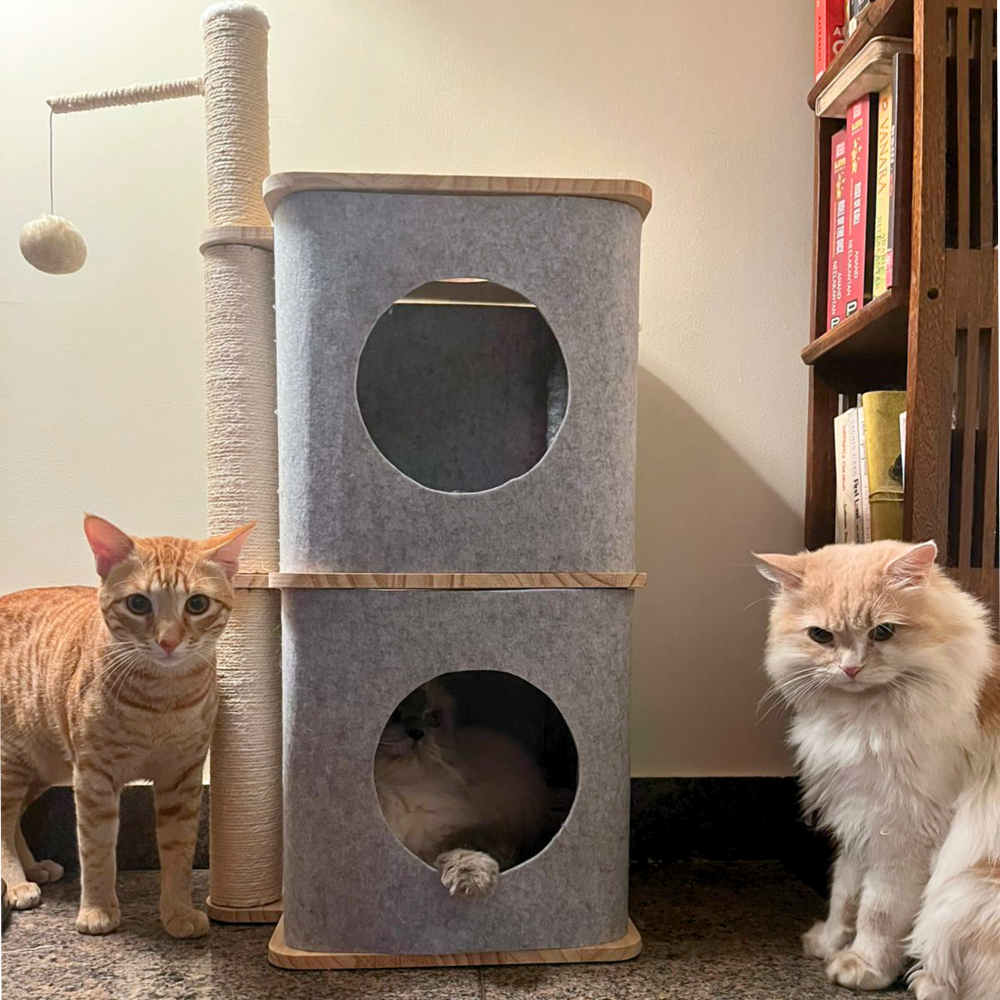 FurryLiving Nara Dual-Level Felt Condo with Scratch Pole & Hanging Toy Cat Tree