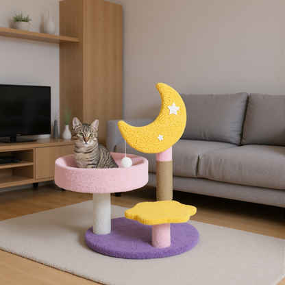 FurryLiving Tsuki Moon Themed Cat Tree 3 Tier Cat and Kitten Scratching Post and Hanging Toy for Cats