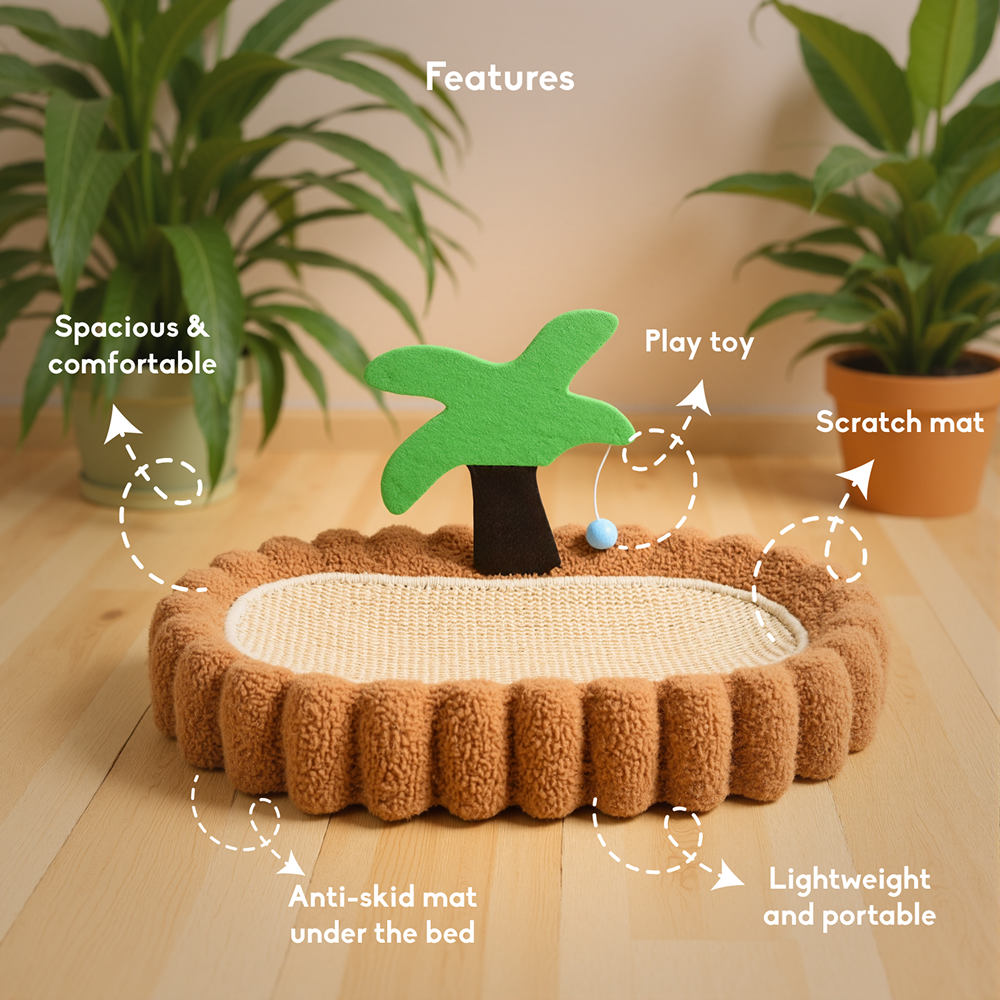 FurryLiving Aloha Bed & Scratcher Mat with Ball Toy for Cats(Brown)