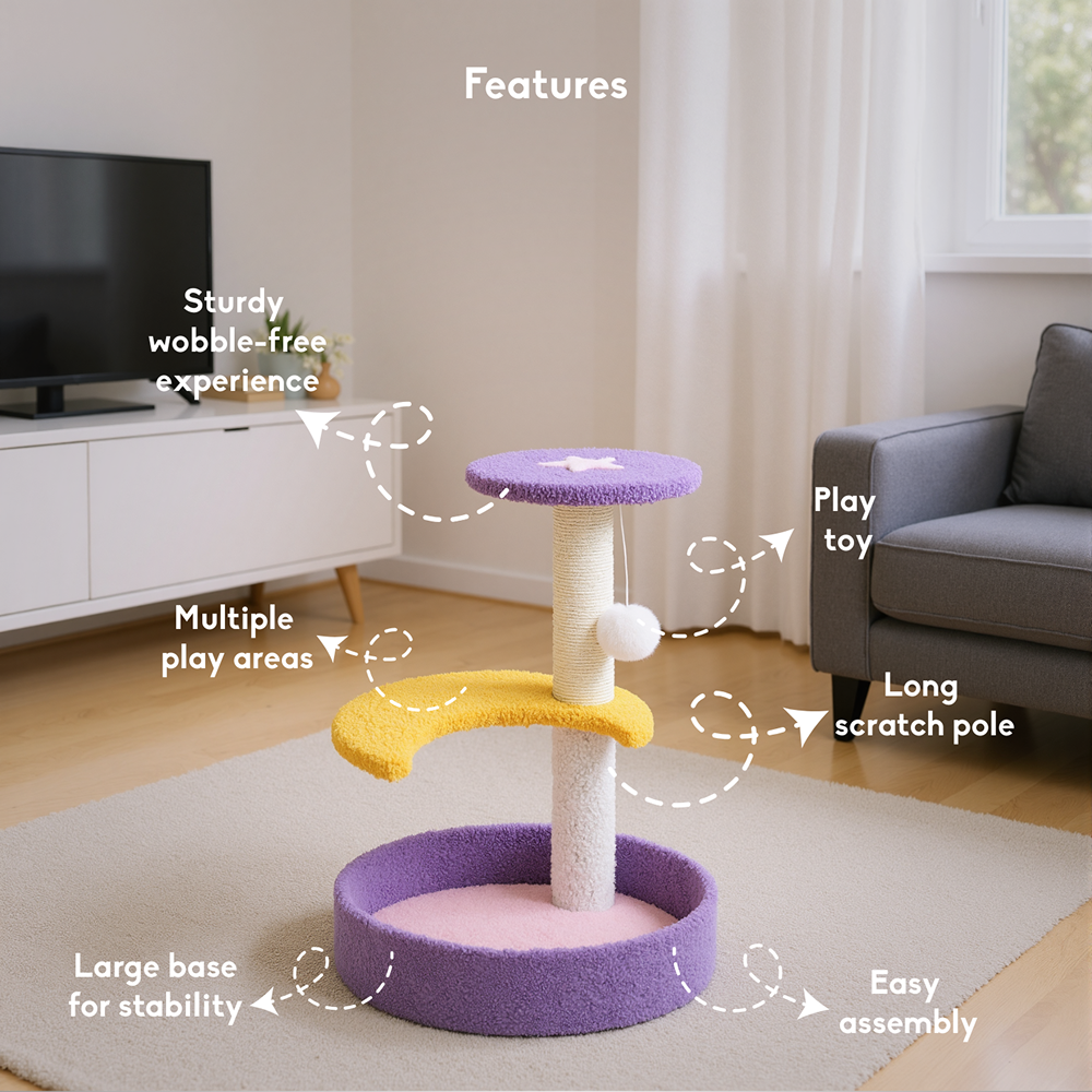 FurryLiving Astra 3Level Cat Tree for Cats & Kittens with Scratching Post and Hanging Toy for Cats