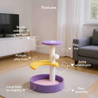 FurryLiving Astra 3Level Cat Tree for Cats & Kittens with Scratching Post and Hanging Toy for Cats