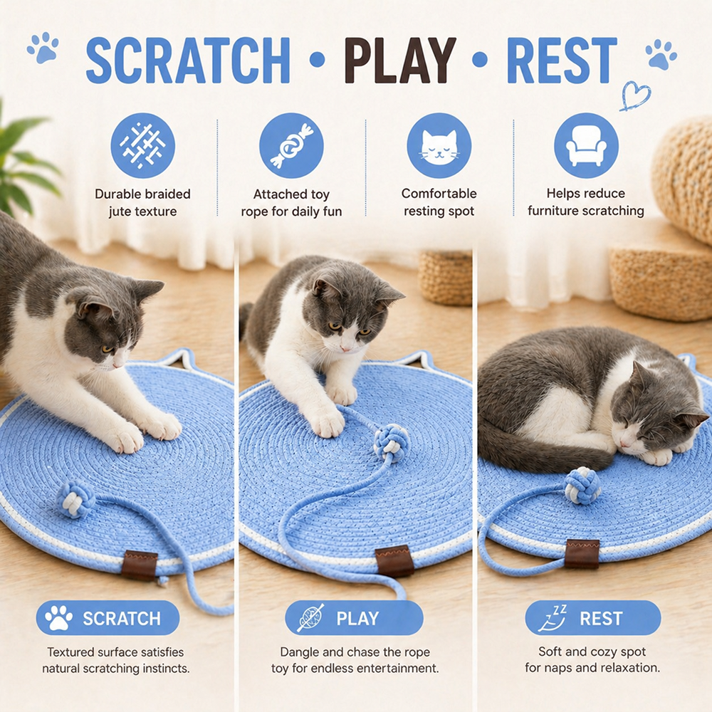 Talking Dog Club Rope Scratching Mat for Cats (Blue)