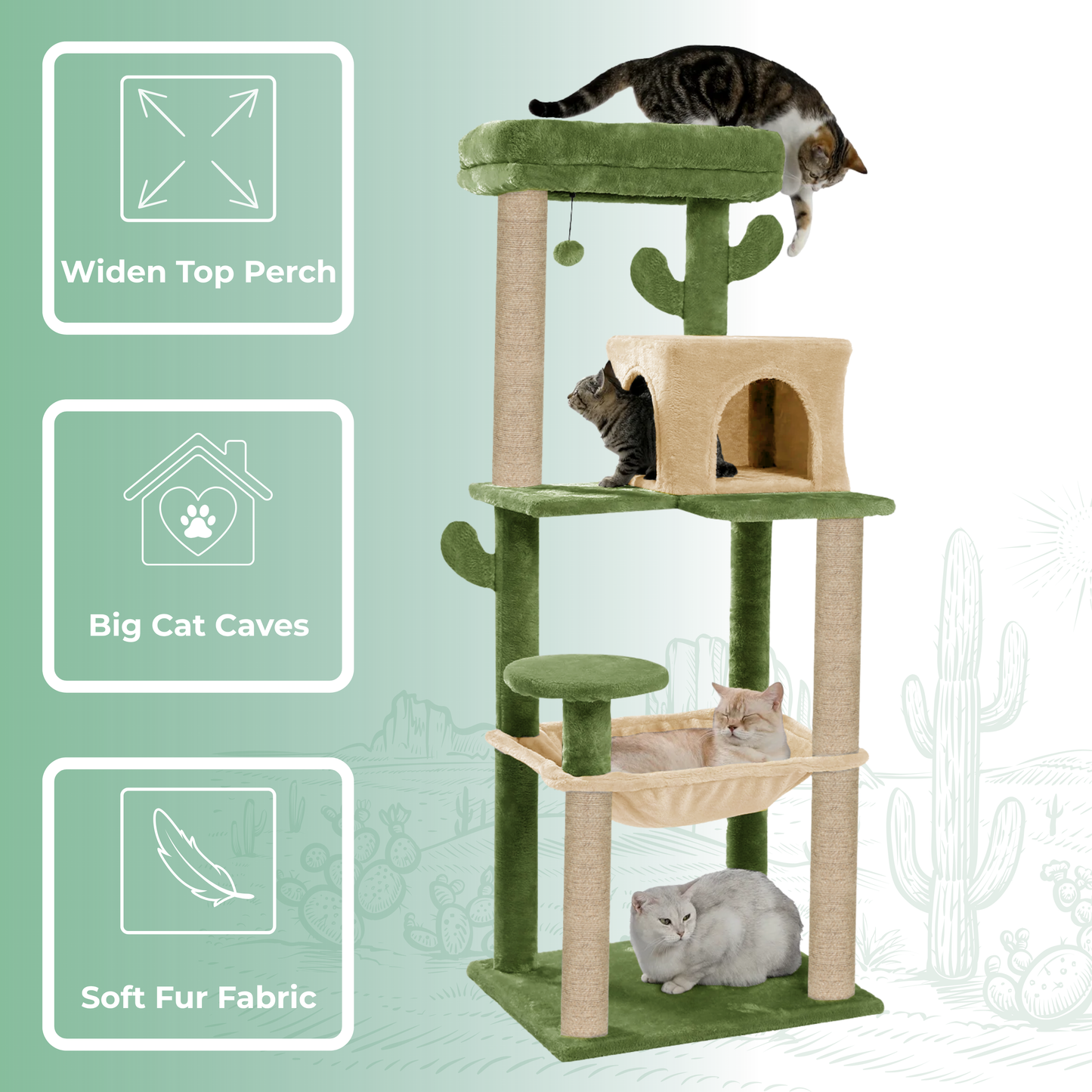 Furrlovers Cactus Multi Level Cat Tree with Condo Hammock Perch & Scratching Posts (Green)