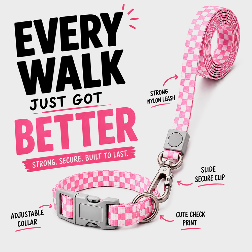Talking Dog Club Checkmate Leash and Collar Combo (Pink)