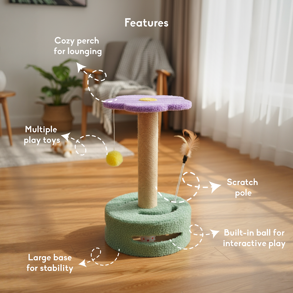 FurryLiving Bloom Multi Level Cat Tree Scratcher 3 in 1 Interactive Toy Tower for Cats
