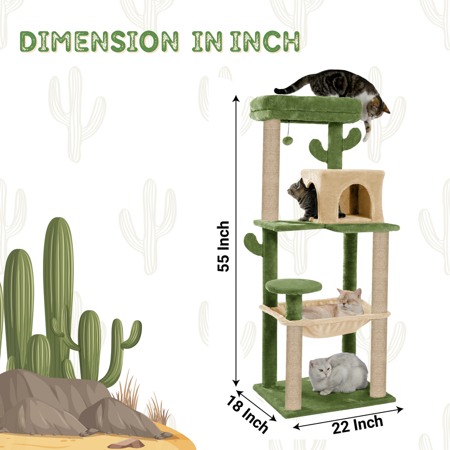 Furrlovers Cactus Multi Level Cat Tree with Condo Hammock Perch & Scratching Posts (Green)