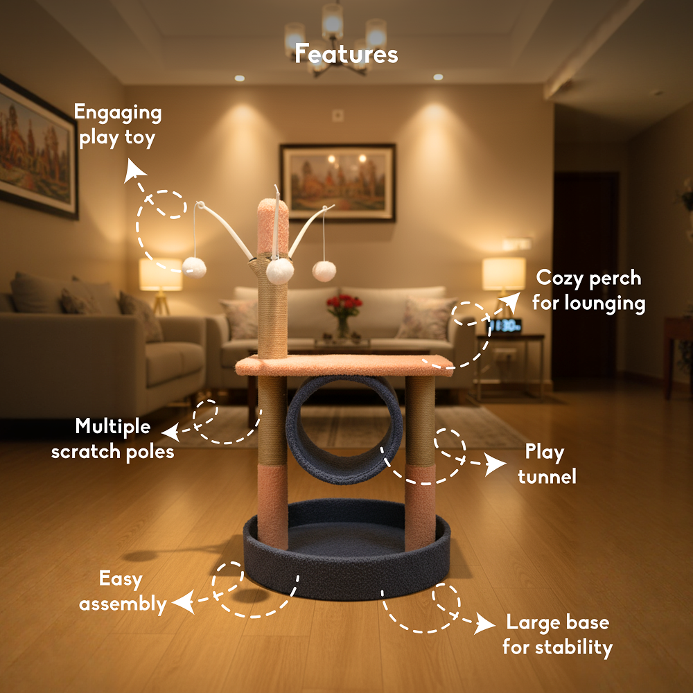 FurryLiving Canyon Multi Level Cat Tree with Tunnel, Toys and Scratching Post for Cats and Kittens