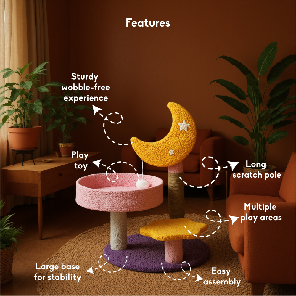 FurryLiving Tsuki Moon Themed Cat Tree 3 Tier Cat and Kitten Scratching Post and Hanging Toy for Cats