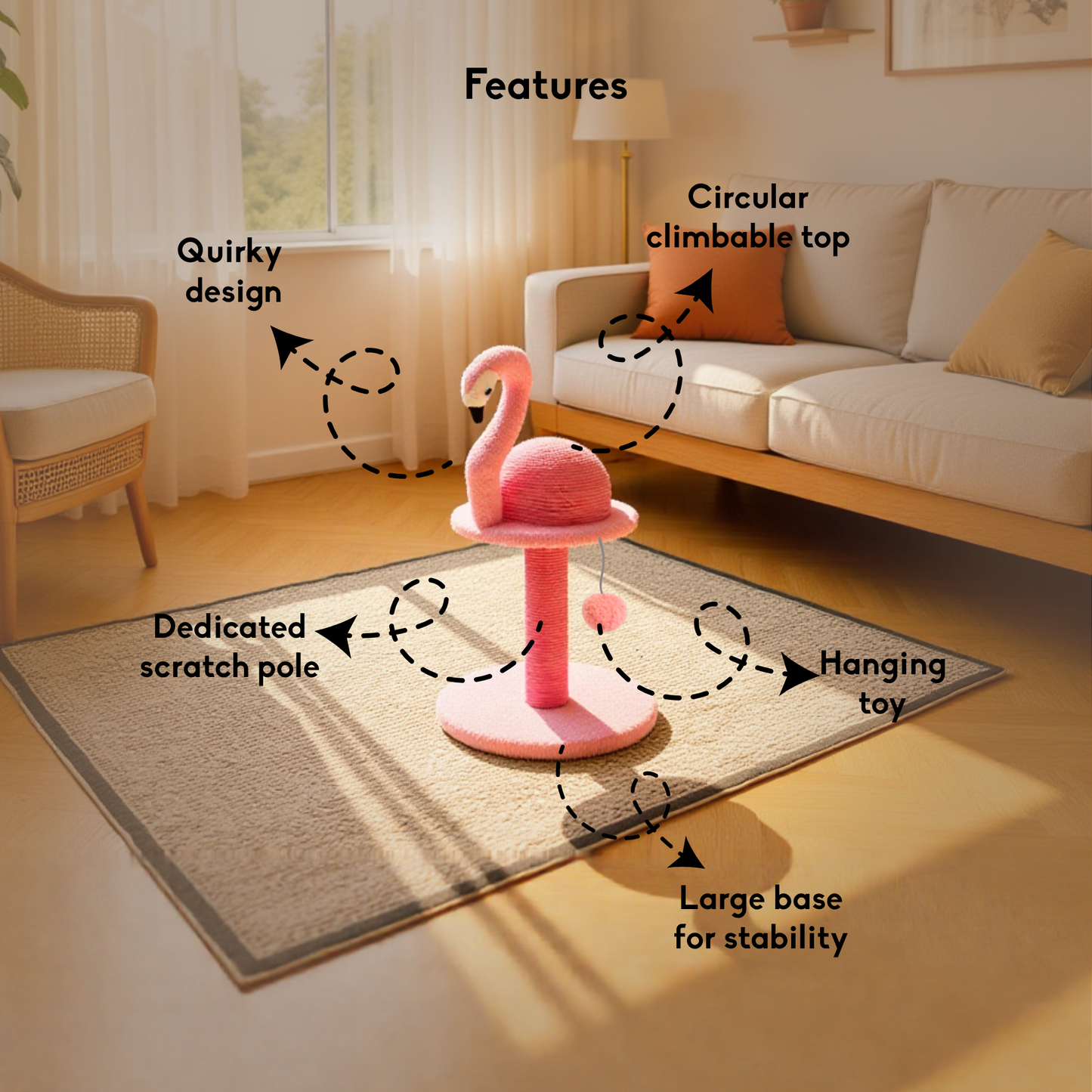 FurryLiving Flamingo Cat Scratching Post Scratcher with Hanging Ball Toy
